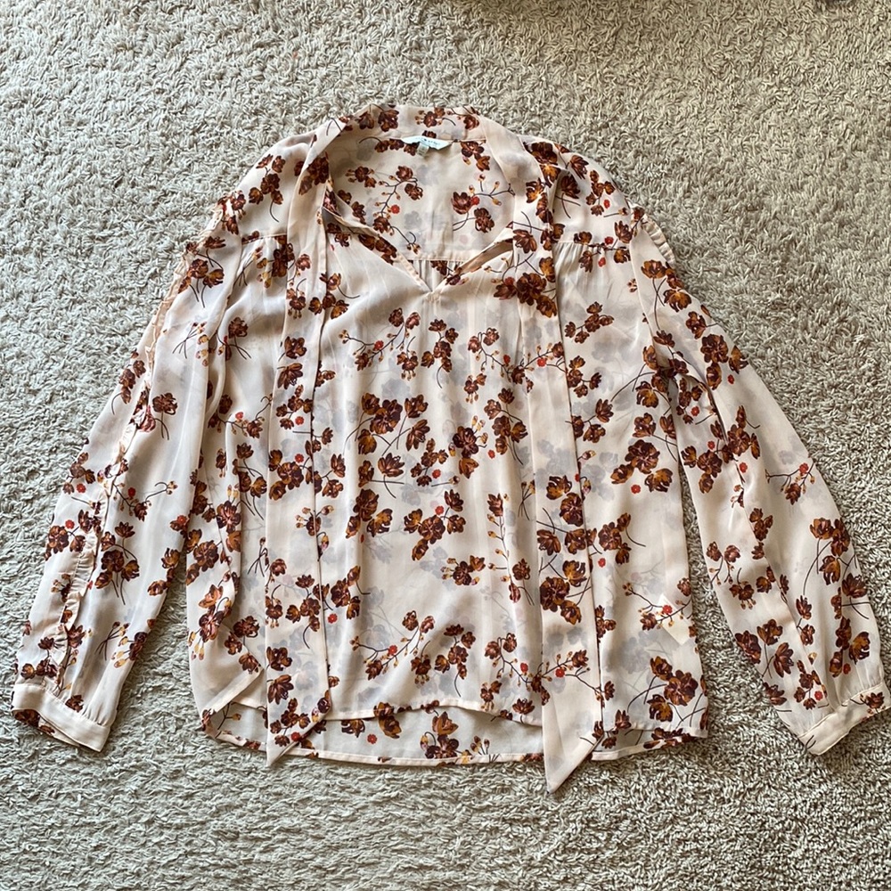 Lucky brand sheer floral print blouse with tie collar
